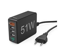 HAMA | Cargador de 5 Puertos y 51W (Cargador USB con 5 Puertos para Cargar 5 Dispositivos, Carga Rápida,
