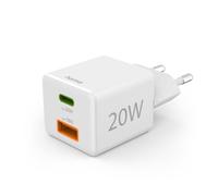 Hama | Cargador mini 220V (20W, 1 puerto UB-C, 1 puerto USB-A, PD, rápido, mini) Blanco