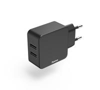 Hama | Cargador USB Doble de Red de 12W | Adaptador de Corriente con 2 Puertos USB-A | Enchufe Universal para Móviles, Tabletas y Cámaras | Negro