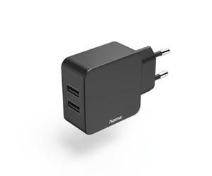 Hama | Cargador USB Doble de Red de 12W | Adaptador de Corriente con 2 Puertos USB-A | Enchufe Universal para Móviles, Tabletas y Cámaras | Negro