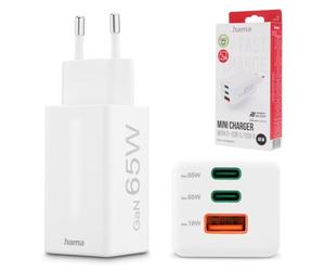 Hama Charg. Fast GAN, 2 USB-C PD, 1 USB-A QC, Mini Cargador, 65W, Blanco