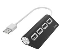 Hama | Hub USB 2.0 de 4 Puertos (Transferencia de Datos 480 Mbit/s, Cable Integrado, Plug & Play para PC y Portátil, Diseño Compacto, Expansor de Puertos para Teclado, Ratón y Memorias USB) Negro