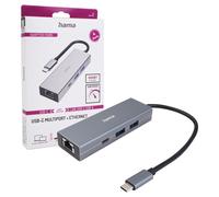 Hama | HUB USB-C con 4 Puertos y conexión Red (Adaptador multipuertos con Conexión LAN Gigabit Ethernet, 2 USB A, 1 USB-C, Transferencia de Datos hasta 5 Gbits/S, Concentrador USB) Gris