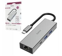 Hama | HUB USB-C con 4 Puertos y conexión Red (Adaptador multipuertos con Conexión LAN Gigabit Ethernet, 2 USB A, 1 USB-C, Transferencia de Datos hasta 5 Gbits/S, Concentrador USB) Gris