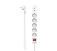 Hama Regleta 5 Enchufes con USB-C y USB-A - 18W PD, Interruptor Individual, Cable Plano 1,4 m, Protección Infantil, Color Blanco