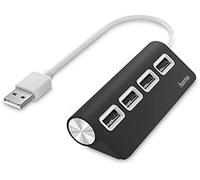 Hama | Hub USB 2.0 de 4 Puertos (Transferencia de Datos 480 Mbit/s, Cable Integrado, Plug & Play para PC y Portátil, Diseño Compacto, Expansor de Puertos para Teclado, Ratón y Memorias USB) Negro