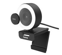 Hama | Webcam para PC con Anillo de luz (Cámara Web Calidad de vídeo QHD 2K 1440p, micrófono Integrado, Tapa de Lente, Rosca 1/4, Enfoque automático, USB C) Negro