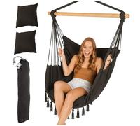 Hamaca Brasileña Sillón colgante Campela Gris Cojines y Bolsa - Estilo Boho para Interior y Jardín - Carga máxima: 150 kg - Salón, Habitación de Niños, Balcón, Terraza