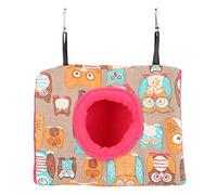 Hamaca colgante cálida para loros, nido de felpa esponjosa para aves y mascotas pequeñas, cama oscilante triangular de franela suave con doble gancho para jaula o rama (Búho + rosa fondo rojo)