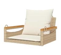 Hamaca colgante con cojín, color beige, 63 x 62 x 40 cm, ratán de polietileno, acero recubierto de polvo y madera de acacia maciza con acabado al aceite, perfecta para jardín, terraza o balcón