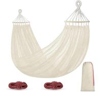 Hamaca Colgante de Red, Hamaca Jardin Exterior Hamaca Camping con Travesaños de Madera, 290 x 150 cm, Capacidad de Carga de 250 kg, Blanco