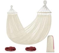 Hamaca Colgante de Red, Hamaca Jardin Exterior Hamaca Camping con Travesaños de Madera, 290 x 150 cm, Capacidad de Carga de 250 kg, Blanco