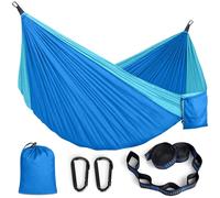 Hamaca Colgante Exterior Amaca Tela Paracaidista Ultraligera con Mosquetones y Correas Ajustables para Camping Jardin Terraza, 295x140cm, Capacidad 350kg, Azul