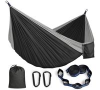 Hamaca Colgante Exterior Amaca Tela Paracaidista Ultraligera con Mosquetones y Correas Ajustables para Camping Jardin Terraza, 295x140cm, Capacidad 350kg, Negro y Gris