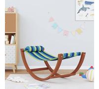 Hamaca Columpio Infantil, Silla Mecedora de Tela con Estructura de Madera de Álamo, Compacta y Plegable, Cojín Extraíble, para Interior y Exterior, Jardín o Camping, Azul y Verde, 114 x 45 x 50 cm