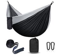 Hamaca de Acampada, Hamacas Ultraligera para Camping Portátil Transpirable y de Secado rápido Hamaca de Paracaídas para Al Aire Libre Jardín Patio Trasero Playa (Negra/Gris)