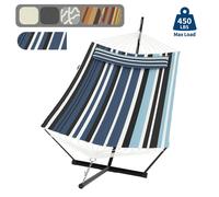 Hamaca de resistencia para 2 con soporte de acero, hamaca acolchada para exteriores, capacidad de 450 lbs, almohada extraíble, bolsillo lateral, cadenas ajustables para patio, jardín, piscina