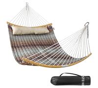 Hamaca Doble, 335 cm, Hamaca Exterior para 2 Personas con Almohada, Barra Separadora Curva Plegable, Cadenas, Bolsa de Transporte, para Interiores y Exteriores, Carga 204 Kg, Verde Agua