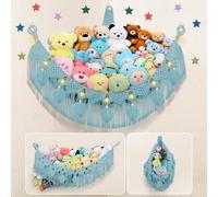 Hamaca esquinera de animales de peluche, 142 cm, hecha a mano, doble cordón de macramé de 5 mm, red de almacenamiento de animales de peluche, 100% algodón natural, red de peluche turquesa con luz LED