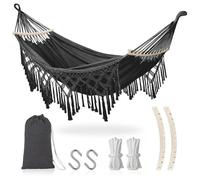 Hamaca Jardin Silla Colgante Exterior Hamaca Colgante Boho con Flecos und Bolsa y Travesaño, Hamaca Colgante de Carga 440lbs, Hamacas Jardin Portátil para Exterior Interior Balcón Patio (Gris Oscuro)