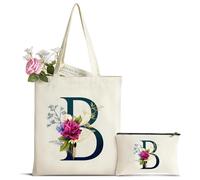 hamatata Personalizadas Inicial Bolsa de Lona, Bolso Tote de Mujer con Inicial y Flores, Bolsa de Compras con Bolso de Cosméticos, Regalos para Damas Amigas Mamá, Regalo de Cumpleaños Boda Navidad B