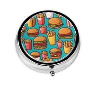 Hamburguesas fritas de dibujos animados. Este pastillero de viaje pequeño, redondo y de tres compartimentos es perfecto para almacenar medicamentos diarios, vitaminas y sobre la marcha.