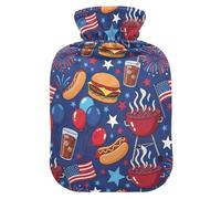Hamburguesas Fuegos Artificiales Banderas Estrellas Botella de agua caliente con cubierta suave Cama Calentador de pies de mano Regalo de invierno Bolsa de agua caliente para alivio del dolor de