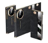 HAMEXLN Caso para Huawei Mate Xts/XT, Cuero Genuino Flip Carcasa Ventana De Visión Transparente Completa Protección Galvanoplastia Funda Vintage,Negro,Mate XT