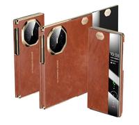 HAMEXLN Caso para Huawei Mate Xts/XT, Cuero Genuino Flip Carcasa Ventana De Visión Transparente Completa Protección Galvanoplastia Funda Vintage,Marrón,Mate XT