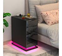 HAMHAIGO Mesita de noche estrecha brillante con enchufe, con barra de luz LED, con 3 cajones, negro