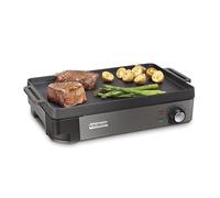 Hamilton Beach Professional Parrilla eléctrica de hierro fundido y plancha de 25,4 x 40,6 cm, superficie de cocción preestacionada, temperatura ajustable hasta 232 °C, negro (38560)