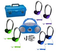 HamiltonBuhl Centro de Escucha de 6 Estaciones con AudioAce Bluetooth Boombox, 6 Auriculares Coloridos de tamaño Personal, Caja de conexión y Funda de Transporte