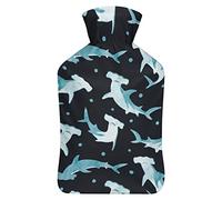 Hammerhead Sharks In Night - Botella de agua de goma con cubierta de felpa suave, bolsa de agua caliente para invierno, manos y pies, protección contra el frío, 1000 ml