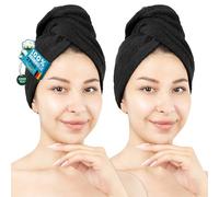 Hammetex Toallas de pelo 100% algodón para mujer, paquete de 2, mullidas, de absorción rápida, turbante de pelo de secado rápido con botón, color negro