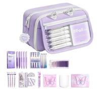 Hamosky Estuche morado de gran capacidad con juego de suministros de papelería, suministros escolares estéticos morados, bolsa de diseño de mariposa con bolígrafos, resaltadores, notas adhesivas para