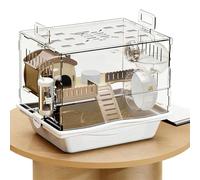 Hamster Cage Habitat - Clear Acrylic Pet House 37x28x33cm, Two Tier Enclosure | Exercise Wheel Bottle Dish Included Gerbil Mice Hedgehog Activity Rest Play Shelter Small Animal Living Space