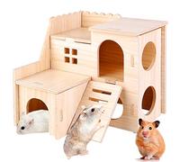 Hamster - Casa de hámster de madera, casa de conejillo de indias con escalera, escondite de hámster de 2 plantas, casa de hámster de madera para pequeños animales domésticos, hámsters enanos, jerbos