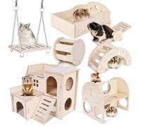 Hámster Toys House Hamster Käfig Accesorios: 7 piezas DIY madera hámster masticar juguete cobayas juguete Hamster rueda puente columpio hámster casa para jerbos, ratas, hámster enano, chinchilla