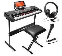 Hamzer teclado electrónico portátil digital de 61 teclas piano con teclas iluminadas, soporte H, taburete, auriculares, micrófono, juego de calcomanías