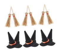 HANABASS 12 Piezas Mini Sombreros de Bruja y Escobas de Fieltro para Decoración de Casas de Muñecas Halloween Conjunto de Sombreros Negros Escobas Rojas de Adornos Temáticos para
