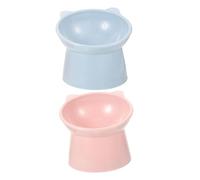 HANABASS 2 Piezas Cuencos Elevados para Gatos Juego de Tazones de Plástico con Diseño Inclinado y Protección para Cuello de Limpiar y Cómodo para Alimentación Diaria Rosa Azul