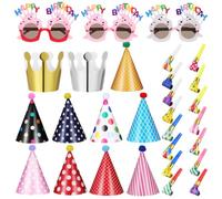 HANABASS 29 Piezas Suministros para Fiestas de Cumpleaños Infantiles 11 Sombreros de Papel, 15 Sopladores y 3 Gafas Divertidas para Celebraciones Alegres y Temáticas