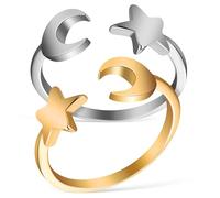 HANABASS Anillos Abiertos Ajustables para Mujer Juego de 2 Anillos Metálicos de Aleación Diseño de Estrella y Luna Colores Dorado y Plateado Accesorios de Moda para Dedos y Pulgar