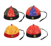 HANABASS Sombrero de Disfraz Chino con Trenza, Tamaño 9 Adulto Grande, Accesorio Teatral de Estilo Qing en Colores Rojo-azul, Rojo-negro, Amarillo con Borde Rojo y Flor de Ciruelo,
