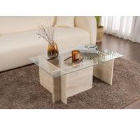 Hanah Home Elegante Mesa de café, Color travertino, 105 x 65 x 40 cm, 100% Vidrio Templado y melamina, Tablero de partículas Recubierto de melamina, 18 mm de Grosor, diseño de mármol Elegante para