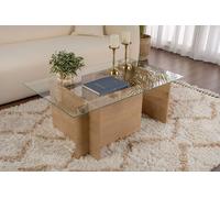 Hanah Home Elegante Mesa de café, Roble Miel, 105 x 65 x 40 cm, 100% Cristal Templado, Tablero de partículas Recubierto de melamina, 18 mm de Grosor, diseño Moderno y Elegante