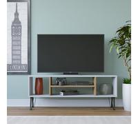 Hanah Home Elegante Soporte de TV con opción de Montaje en Pared, Blanco y Roble, 120 x 25 x 46,6 cm, Tablero de partículas Recubierto de melamina 100%, 18 mm de Grosor, Varios estantes para Salas de