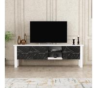 Hanah Home Elegante Soporte para TV con Almacenamiento Adicional, Blanco y Negro, 140 x 44,8 x 35 cm, Tablero de partículas Recubierto de melamina 100%, Varios estantes para Salas de Estar Modernas