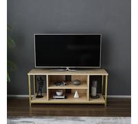 Hanah Home Glamorous TV Stand, Gold & Oak, 120 x 35 x 50,8 cm | Tablero de partículas recubierto de melamina 100% melamina, 18 mm de grosor, marco de metal resistente, diseño elegante y funcional para