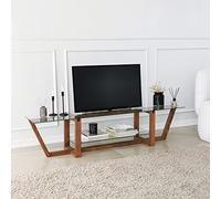 Hanah Home Moderno Soporte para TV, Color Nogal, 158 cm x 35 cm x 35 cm, 100% Vidrio Templado y Madera Maciza de Pino 100%, diseño rústico escandinavo, Elegante y Duradero